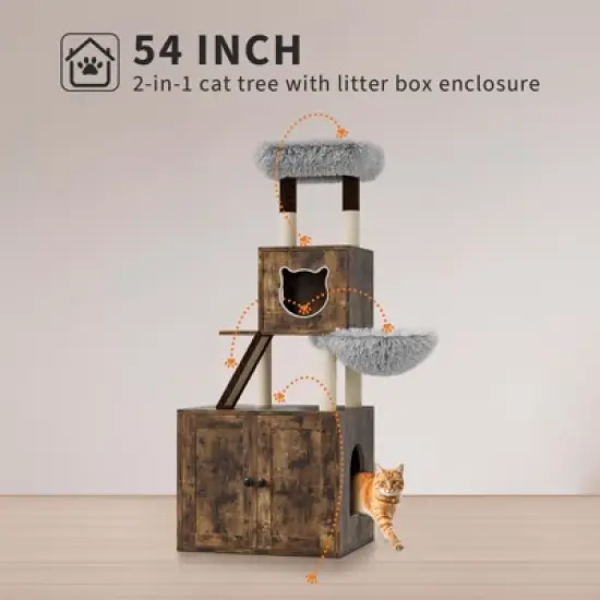 59 Inch Cat Tree, 2-in-1 Cat Tower Multi-Level Durable Cat Scratching Sisal Post, Removable Washable Cushion, Multipurpose Litter Box Enclosure image {6}