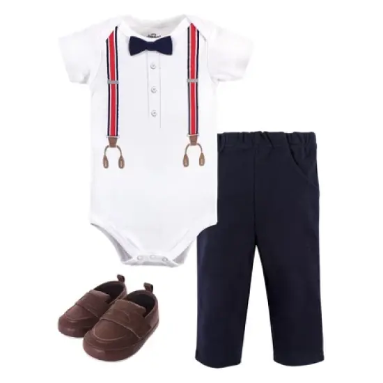 Little Treasure Baby Boy Cotton Bodysuit, Pant and Shoe 3pc Set, Red Navy Suspenders image {4}