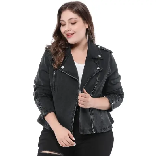 Agnes Orinda Women's Plus Size Outerwear Zip Closure Denim Biker Moto Jacket image {6}