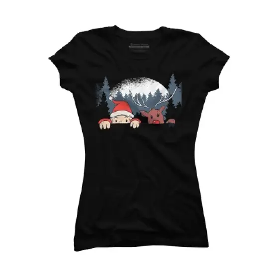 Junior's Design By Humans Christmas Santa And Rudolph Peaking By rasok T-Shirt image {3}