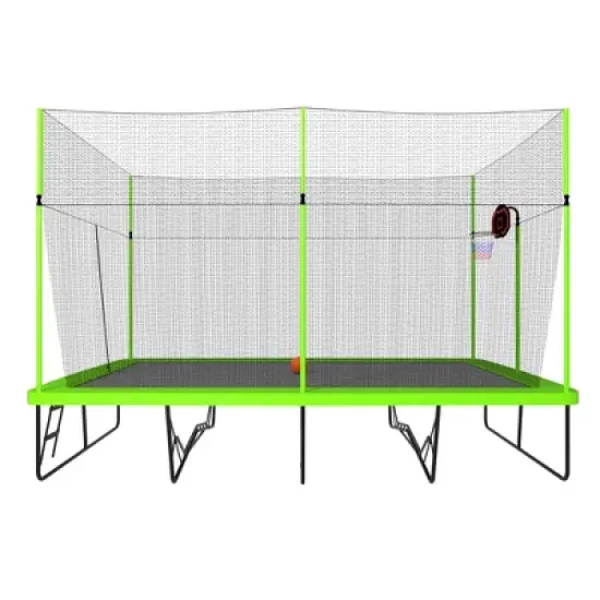 APRILSOUL 10FT by 17FT Rectangule Trampoline with Green Fabric Black Powder-coated Galvanized Steel Tubes with Basketball Hoop System image {1}