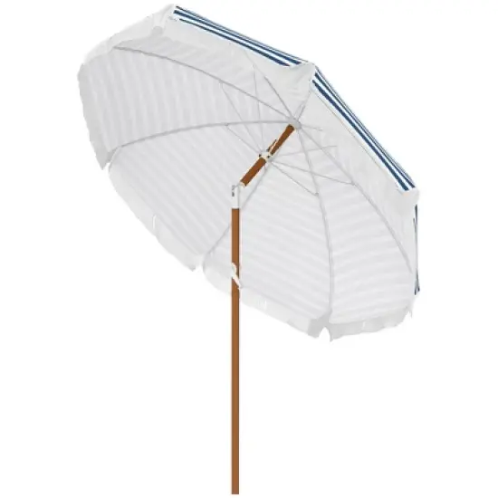 Outsunny Outdoor Umbrella with Tilt, Vent, Fringed Ruffles, Flounce for Table, Deck Parasol, Blue Strip image {3}