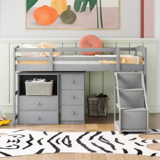Twin Size Loft Bed with Multifunctional Movable Built-in Desk and Staircase-ModernLuxe image {1}
