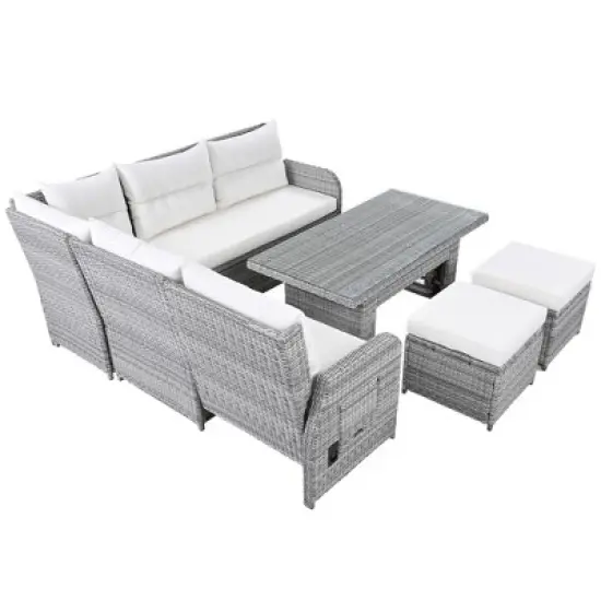 5-Piece Outdoor Rattan Furniture Set Patio Conversation Set with Recliners, Adjustable Table & Ottomans-- Frevyn image {9}