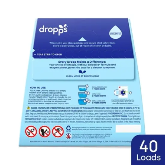 Dropps Laundry Odor & Stain Biobased Detergent Pods Free + Clear - Unscented - 40ct image {8}
