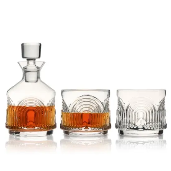 Viski Beau Stacking Decanter Set with Lowball Glasses - Crystal Decanter and Glasses for Whiskey - Art Deco Cocktail Glasses Whiskey Decanter Set of 3 image {9}