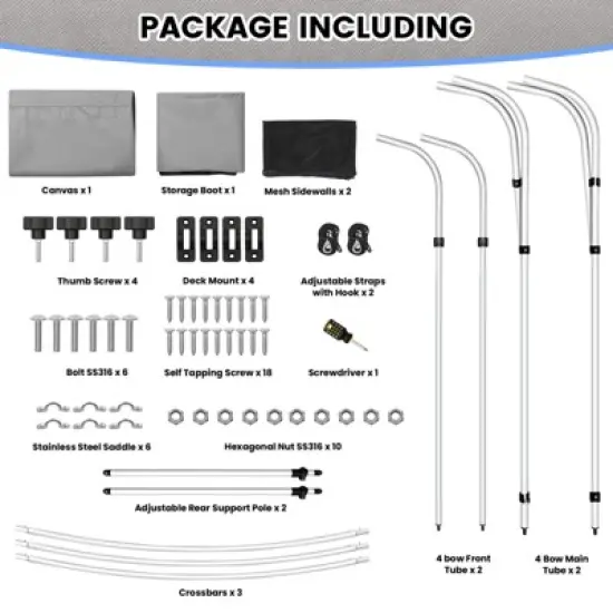 3 Bow Bimini Tops, Mesh Sidewalls Support Poles, Marine Grade Canvas Top, Includes 2 Straps Storage Boot 1 Inch Aluminum Frame image {4}
