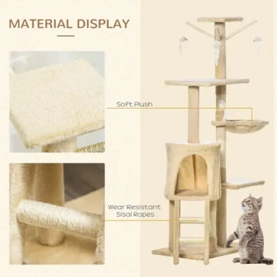 53" Plush Sturdy Interactive Cat Condo Tower Scratching Post Activity Tree House - Beige image {3}