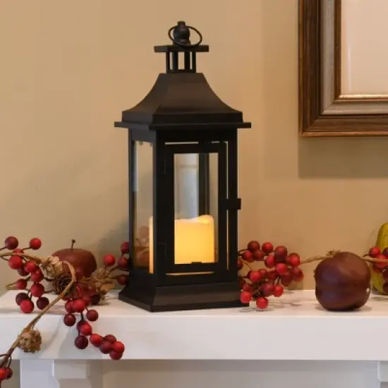 LumaBase Metal Lantern with Battery-Operated Candle - 13" Black image {3}