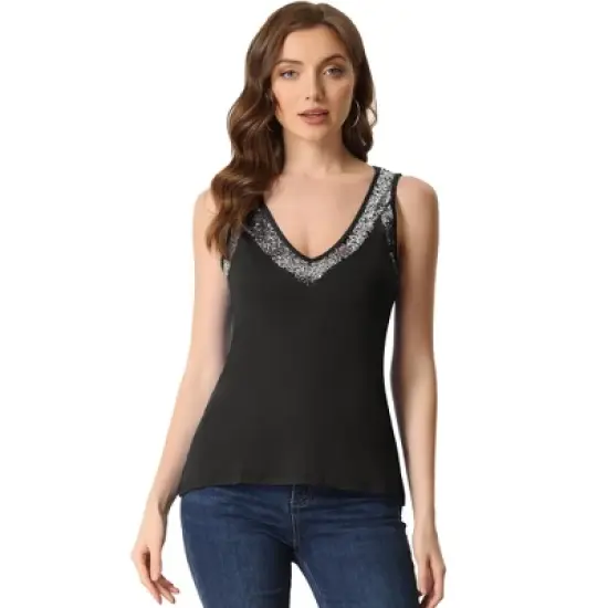 Allegra K Women's V Neck Sleeveless Shirt Sequin Trim Colorblock Tank Shirt Top image {7}