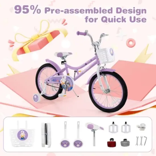 Costway Girl Bike with Basket Detachable Training Wheels Adjustable Seat Handbrake Coaster Brake Purple image {4}