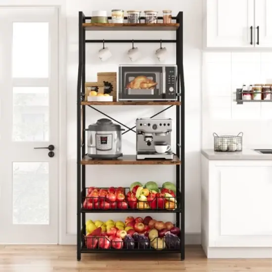 Freestanding Kitchen Bakers Rack, 5 Tier Microwave Stand with Wire Basket & Adjustable Feet, 50.7'' Tall Industrial Coffee Bar Statio image {9}