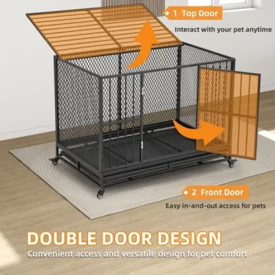 EROMMY 37" -42" Heavy Duty Dog Crate Furniture With Removable Tray, 360&deg; Lockable Wheels image {5}