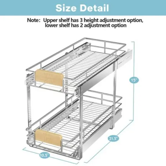 LOVMOR 2 Tier Pull Out Cabinet Organizer 10&frac12;" W x 21&frac12;" D, Slide Out Drawers with Wooden Handle, Sliding Shelves Organization image {2}