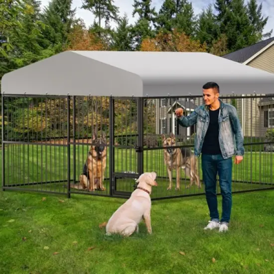 Dog Kennel, 8&iexcl;&Aacute;4&iexcl;&Aacute;6FT Large Heavy Duty Outdoor Metal Dog Cage - Weatherproof, Lock, Feeding Bowl & Waterproof Roof (All Breeds) image {5}