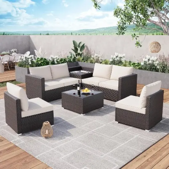 8-Piece Outdoor Patio Furniture Set, Modular Pe Rattan Wicker Sectional Sofa with Glaass Top Table for Garden and Backyard, All-Weather Design, Beige image {8}