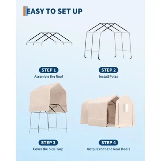 10x10FT Outdoor Storage Shed Carport with  Roll-Up Zipper Door, Portable Garage Storage Shelter Heavy Duty Waterproof PE Tarp for Bike, ATV, Khaki image {5}