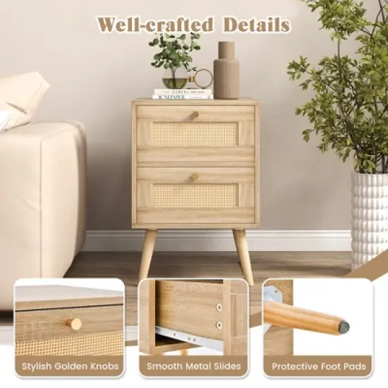 Costway 1/2 PCS Rattan Nightstand Boho Accent Bedside Table with 2 Storage Drawers Natural image {6}