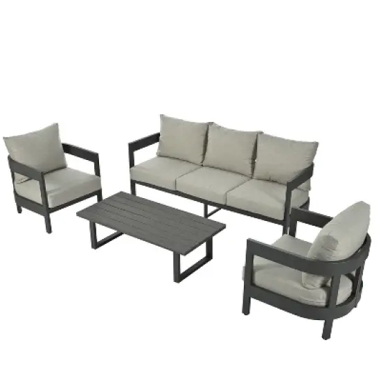 4-Piece Outdoor Patio Conversation Set, Weather-Resistant Metal Frame with Plastic Wood Tabletop, Cushioned Sofa and Chairs - ModernLuxe image {4}