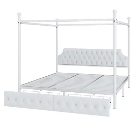 King/Queen Size Metal Canopy Platform Bed Frame with Upholstered Headboard and Two Storage Drawers, White -ModernLuxe image {4}