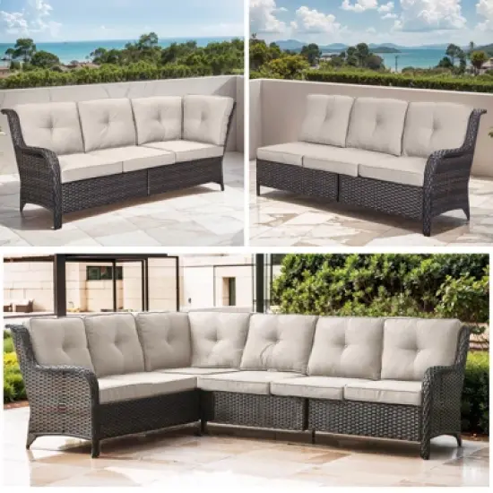 POCASSY Patio Furniture Set With Fire Pit Table, Brown Wicker Outdoor Living Set, Patio Sectional Sofa, Patio Swivel Chair And Propane Fire Pit image {3}