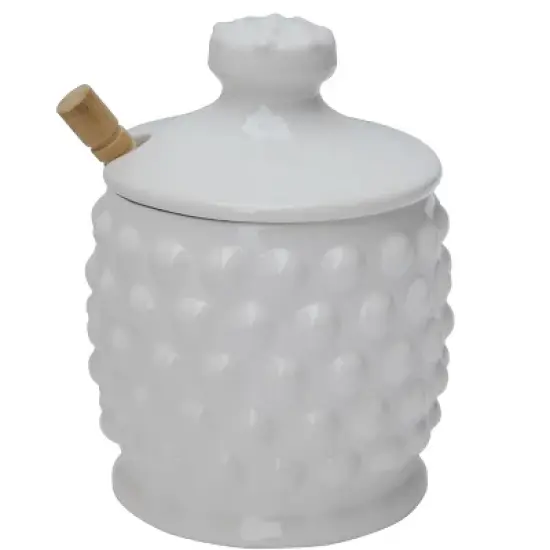 Storied Home White Ceramic Hobnail Style Honey Jar with Lid & Wood Dipper image {3}