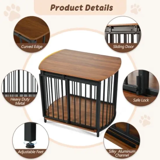 Medium Dog House Dog Crate Wooden Cage Indoor Kennel Furniture Dog Shelter End Table with Double-Doors, Brown/Gray+Black-ModernLuxe image {2}