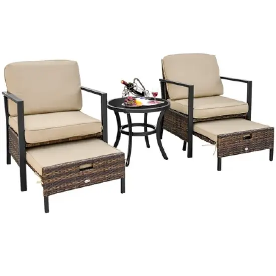 Costway 5PCS Patio Wicker Conversation Set Space Saving Cushions Chairs with Ottomans Table image {2}