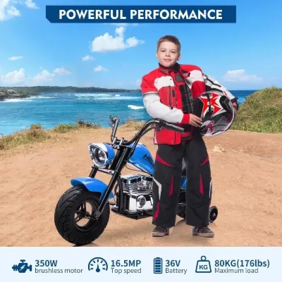 36V Kids Electric Motorcycle, 350W Off-Road Dirt Bike, Ride On Electric Motorcycle with Removable Training Wheels, Spring Suspension, Music image {2}