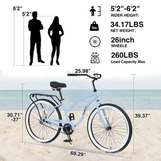 NAYSAYE Bicycle Single Speed 26 Inch Beach Cruiser Bike Steel Frame for Women for Relaxed Rides, Blue, 69.29"*25.98"*39.37" image {4}