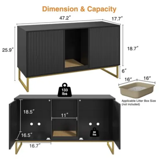 Litter Box Enclosure for 2 Cats, Double Room Kitty House with Scratch Pad image {2}