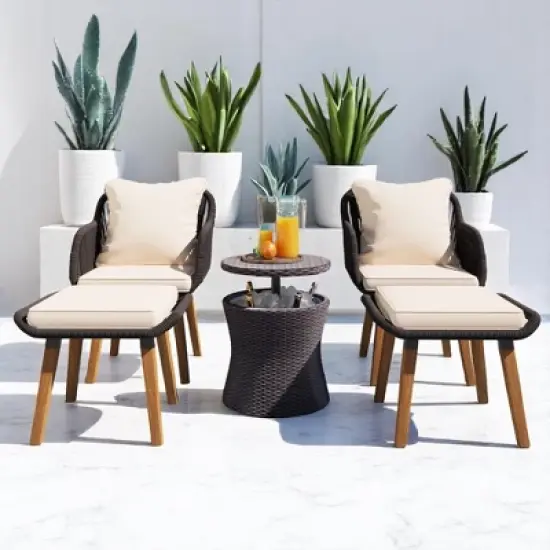 5-Piece Outdoor Patio Furniture Set with PP Rope Weaving Chairs, Pop-Up Cool Bar Table, and Acacia Wood Feet image {1}