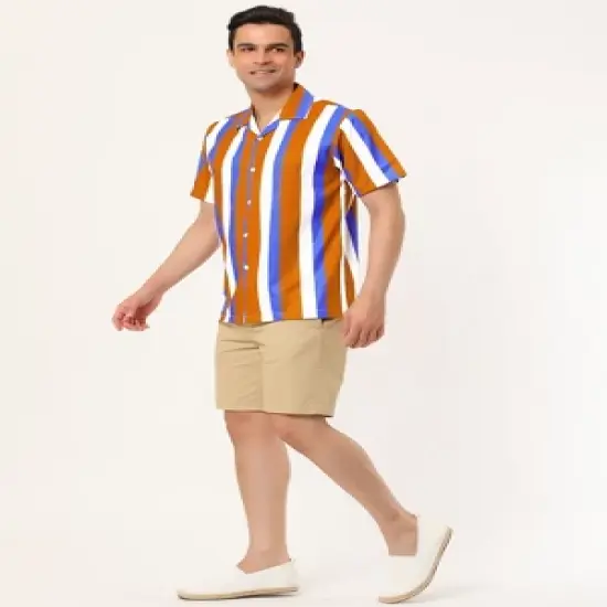 Lars Amadeus Men's Summer Stripe Printed Regular Fit Short Sleeves Button Closure Color Block Shirts image {3}