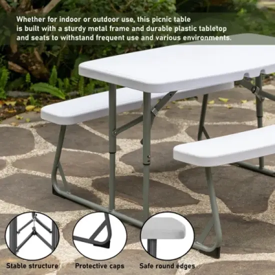 Foldable White Kids' Picnic Table Bench Outdoor Portable Children's Backyard Table, Crafting, Dining, and Playtime Patio Table image {8}