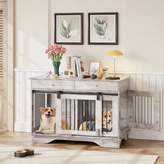 COZONY 47" Dog Crate Furniture with Barn Door & Storage Drawers, Heavy Duty Wooden Dog Kennel End Table with Removable Divider for Indoor Use image {2}