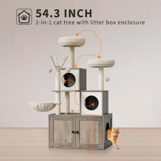 Cat Tree with Hidden Litter Box Enclosure,2-in-1 Modern Cat Tower Condo with Sisal Scratching Posts,Perch & Ventilated Design,Space-Saving Cat House image {6}