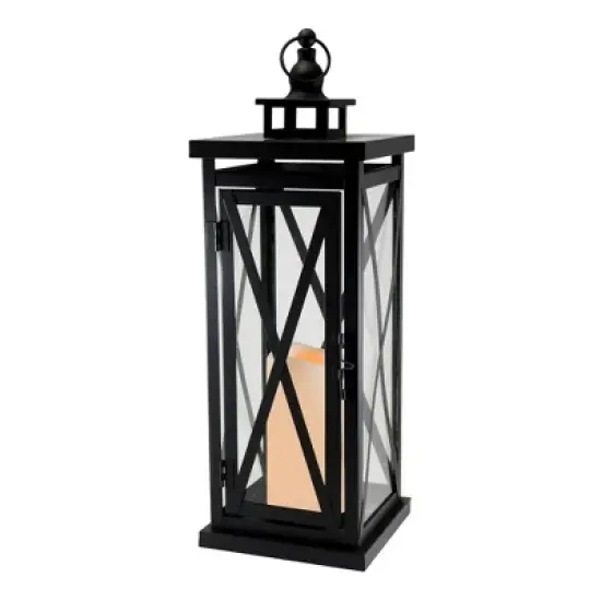 LumaBase Metal Lantern with Battery-Operated Candle - Black Crisscross image {4}