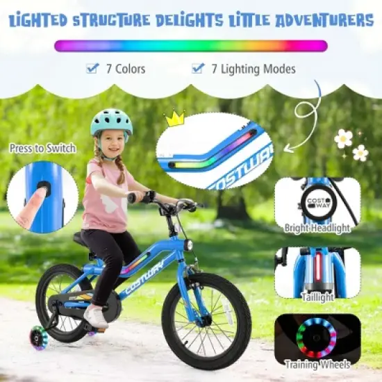 Costway 16"/18" LED Lighted Kids Bike with Adjustable Seat Coaster Brake Training Wheels Blue/Red/Pink image {8}