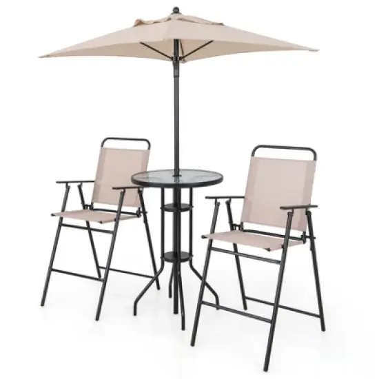 Costway 4PCS Patio Bistro Set Folding Counter Height Chairs Round Bar Table& Umbrella image {9}