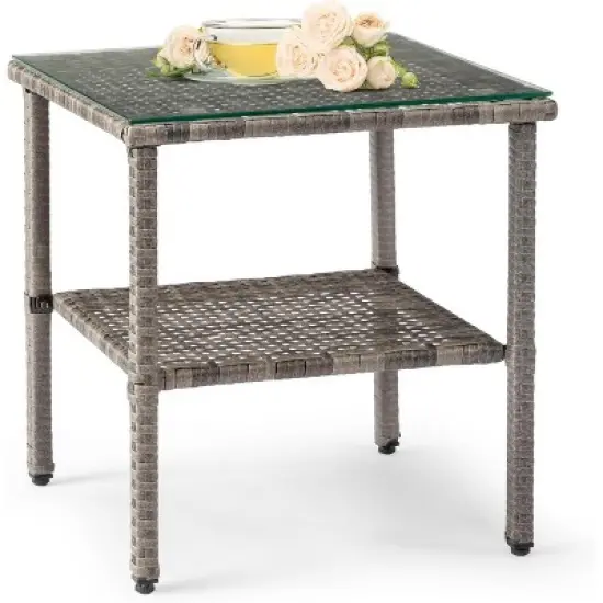 VINGLI Outdoor Wicker Side Table Patio Side Tables for Outside, Tempered Glass Top Wicker Table with Storage End Table for Patio Balcony Porch Deck image {6}