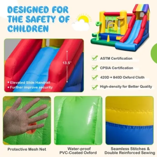 Costway Colorful Rainbow Kids Inflatable Bounce Castle with 50 Ocean Balls & 735W Blower image {5}