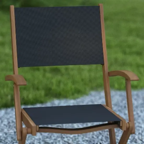 Emma and Oliver Set of Two Weather Resistant All Natural Acacia Wood Folding Bistro Chairs with Armrests and Textilene Mesh Seats and Backs image {4}