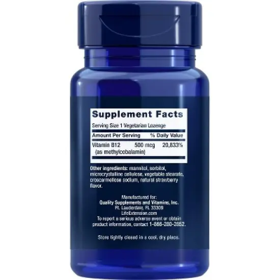 Vitamin B12 Methylcobalamin 500mcg by Life Extension  -  100 Vegetarian Lozenge image {1}