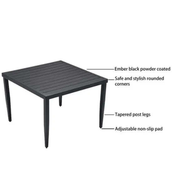 Gulches Outdoor Patio Aluminum 40"x40" Square Dining Table with Tapered Feet & Umbrella Hole, Ember Black image {4}