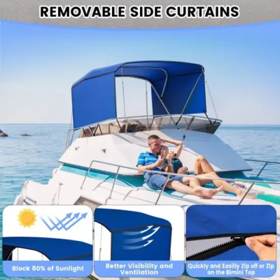 3/4 Bow Bimini Tops with Mesh Sidewalls, Boat Canopy with Support Poles, Marine Grade Pu Coating Canvas, 2 Straps, 2 Rear Support Poles, Zippered Boot image {1}