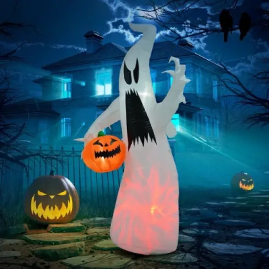 Whisen Halloween Inflatable Outdoor Decoration Ghost with Pumpkin, Blow Up LED Yard Decor - White image {1}