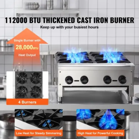 VEVOR Commercial Gas Stove with 4 Burners, Propane and Natural Gas Countertop Cooking Stove Range, Stainless Steel Gas Hot Plate image {2}