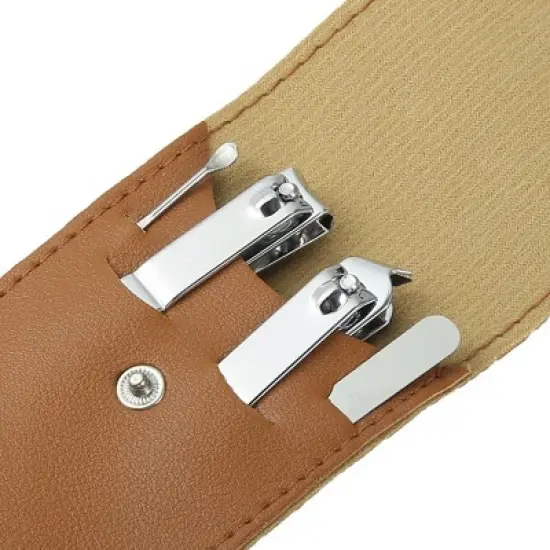 Unique Bargains Manicure Set with PU Leather Case, Personal Care Tool Kits Stainless Steel Brown Silver Tone 4 Pcs image {2}