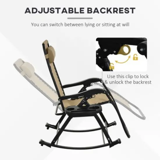 TIRAMISUBEST 2-Pack Zero Gravity Rocking Chairs, Foldable Outdoor Lounge Recliners with Pillow, Cup Holder & Phone Pocket, Beige image {6}