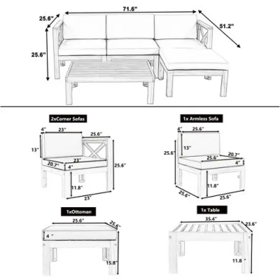 Chic Crate-5-Piece Wood Outdoor Patio Sectional Sofa Set with Water-Resistant Gray Cushions for Backyard, Porch, Deck - Natural Finish image {8}